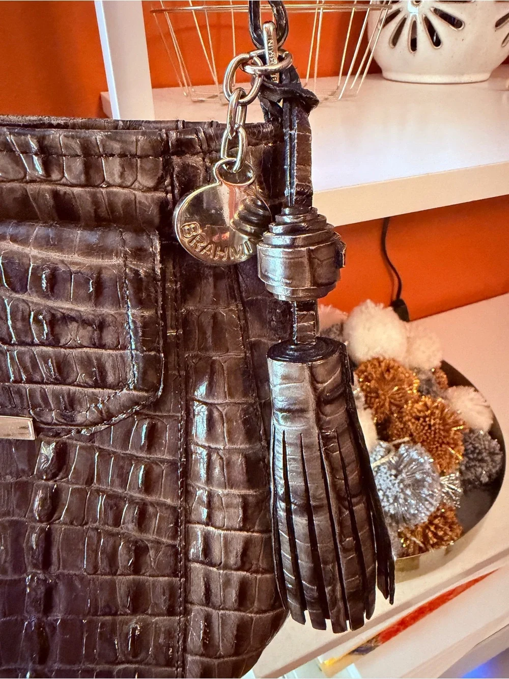BRAHMIN Brown Croc-Embossed Leather Crossbody with Tassel Charm